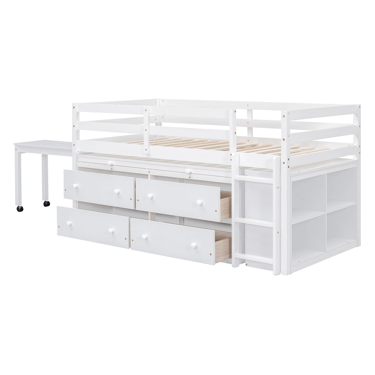 Loft Bed With Retractable Writing Desk And 4 Drawers, With Lateral Portable Desk And Shelves