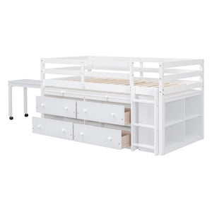 Loft Bed With Retractable Writing Desk And 4 Drawers, With Lateral Portable Desk And Shelves
