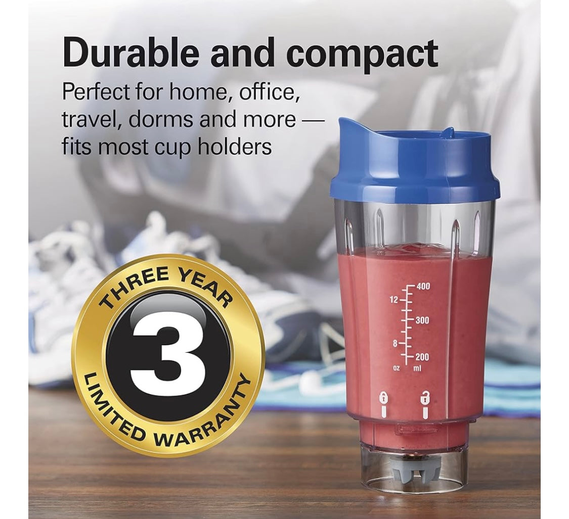 Hamilton Beach Portable Blender for Shakes and Smoothies with 14 Oz BPA Free Travel Cup and Lid, Durable Stainless Steel Blades for Powerful Blending Performance blue