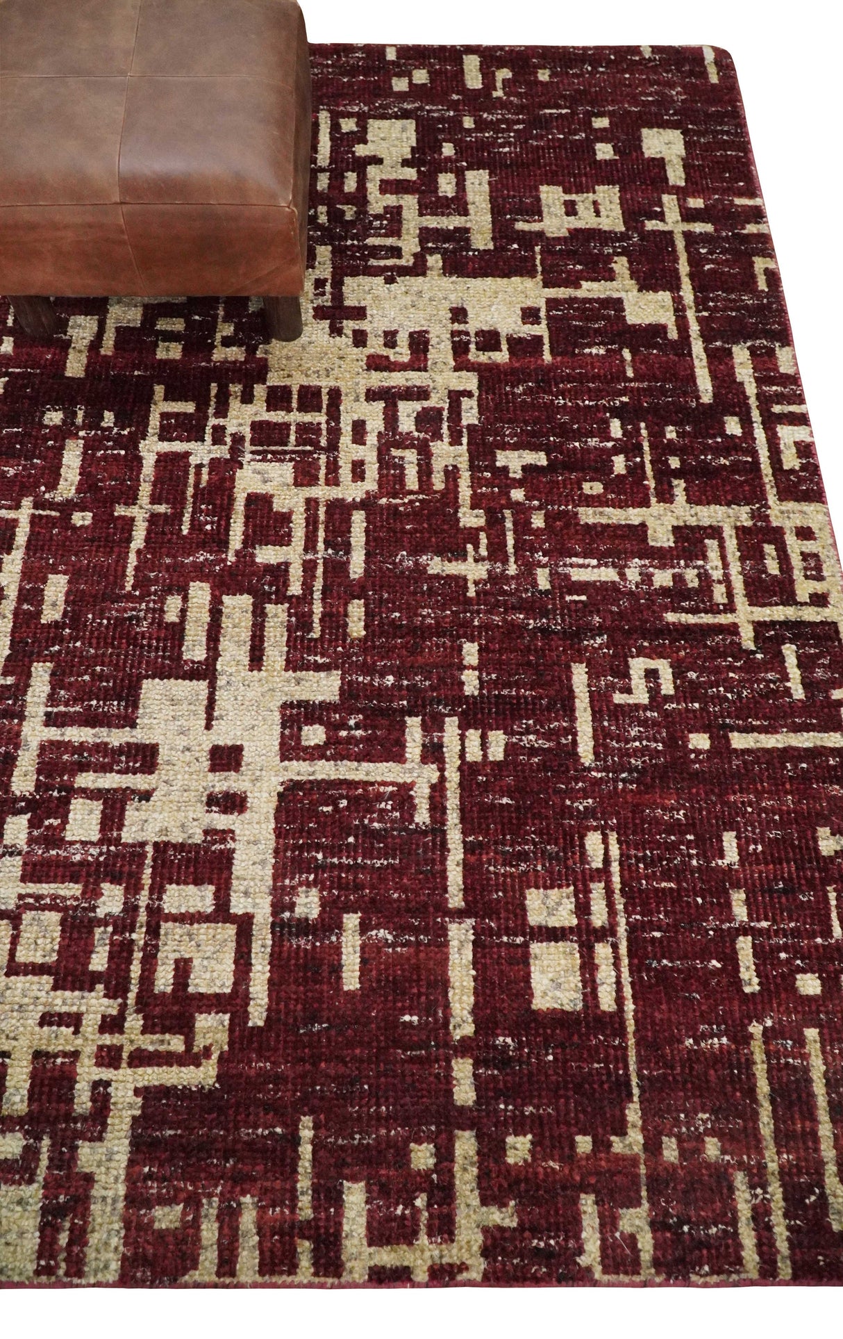 4x6 Hand Knotted Beige and Maroon Modern Abstract  Recycled Silk Area Rug