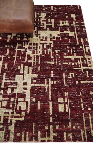 4x6 Hand Knotted Beige and Maroon Modern Abstract  Recycled Silk Area Rug
