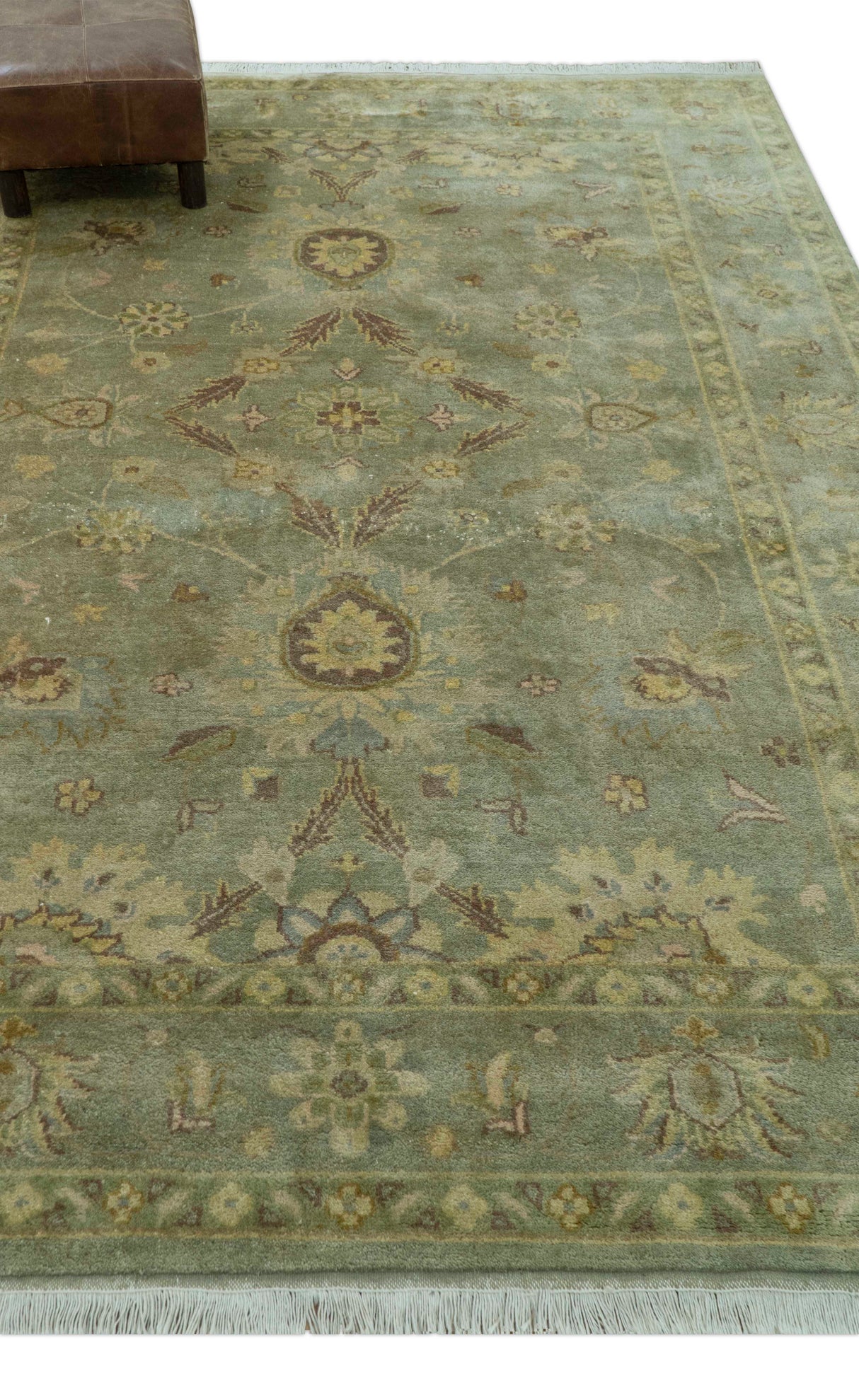 Traditional Oushak Design Antique Green And Brown  6x9 Hand Knotted Wool Rug