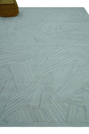 Modern Geometrical Pattern Ivory and Silver Hand Knotted 10x13 Wool Rug