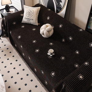 Chenille Camellia Floral Sofa Throw Cover Couch Blanket with Striped Jacquard