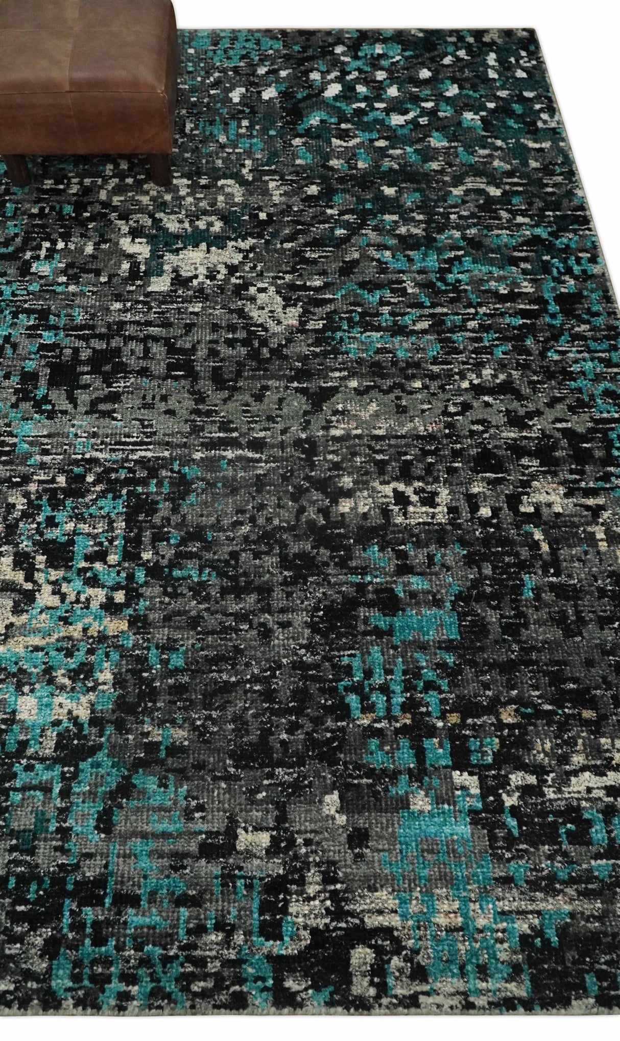 5x8 Hand Knotted Charcoal, Ivory and Blue Modern Abstract  Recycled Silk Area Rug