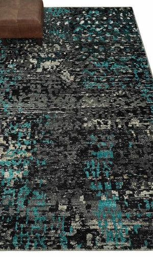 5x8 Hand Knotted Charcoal, Ivory and Blue Modern Abstract  Recycled Silk Area Rug