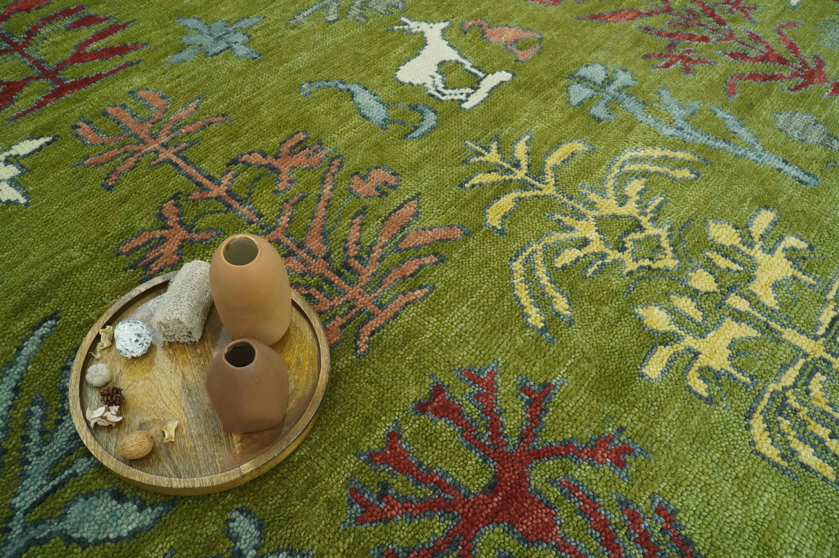 Tree Green, Silver, Maroon Hand Knotted 8x10 wool Area Rug