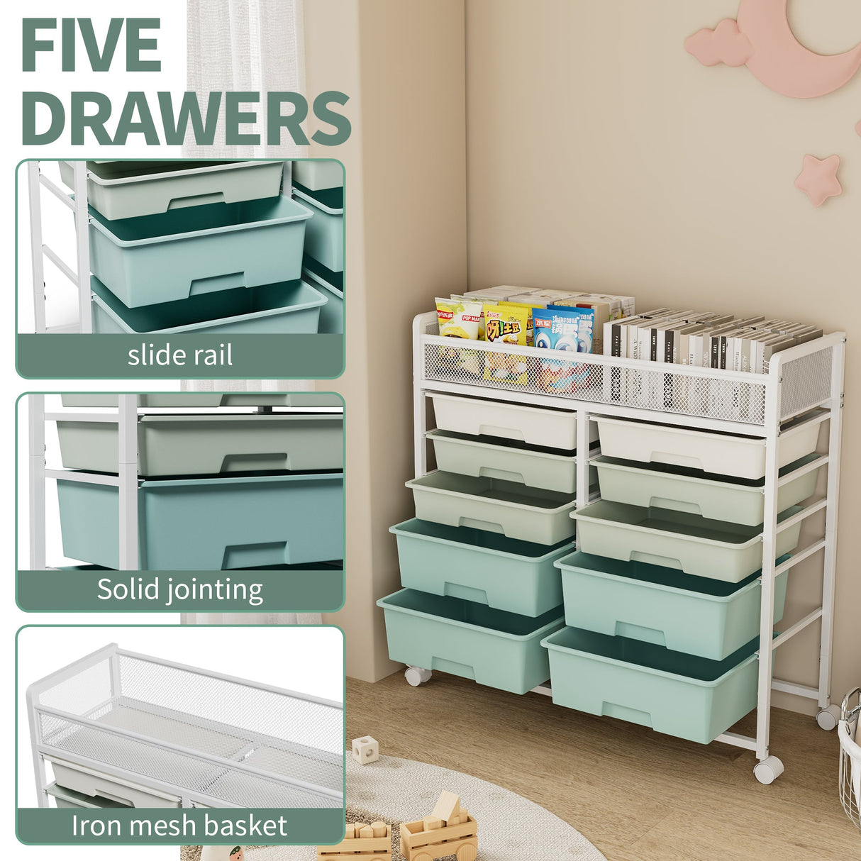 White Large Capacity 2-Row 10-Drawer Rolling Storage Cart