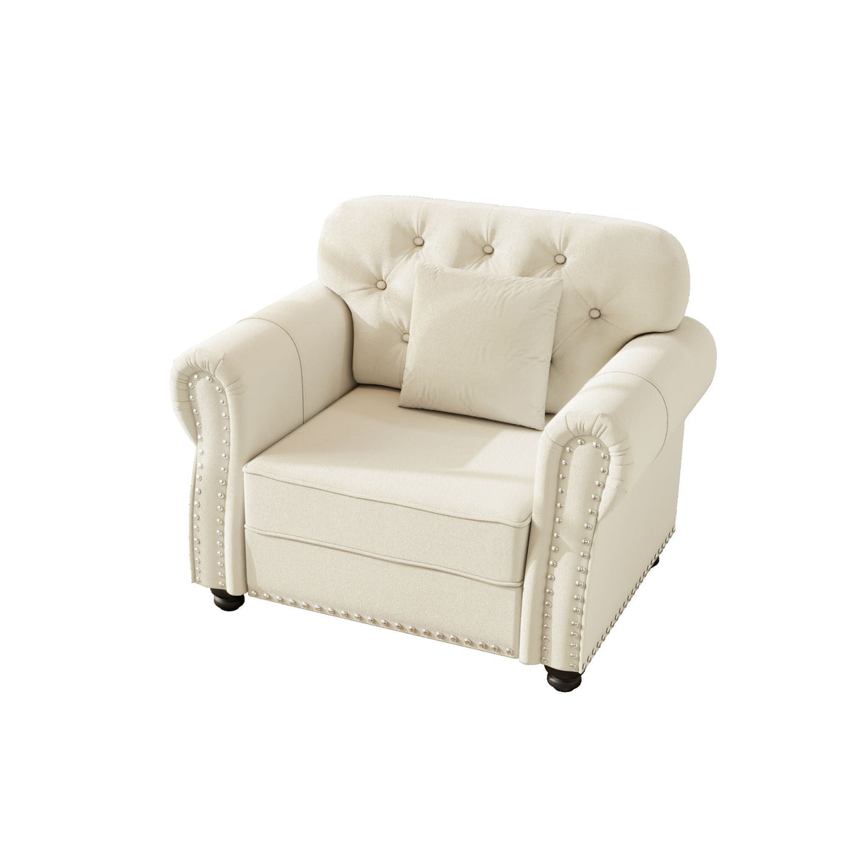 Upholstered Sofa With Nailhead Trim And Rolled Armrests, 1 Pillow - Beige / White