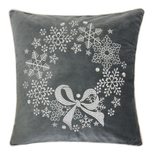 Gray Velvet Holiday Throw Pillow with Snowflake Wreath Embroidery