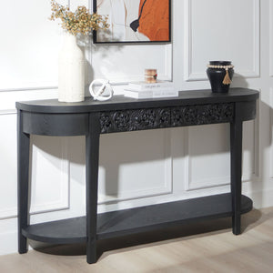 59.2in Black Carved Wooden Console Table with Lower Storage Shelf  Tow Drawers– Elegant Decorative Accent for Entryway, Living Room, and Hallway