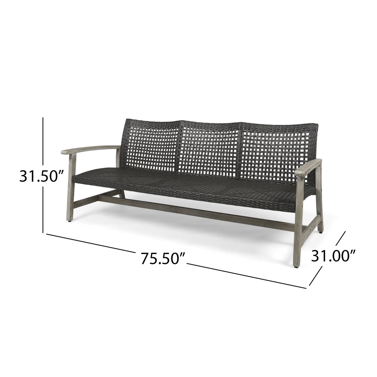 Outdoor Acacia Wood Wicker 3-Seater Sofa, Patio Furniture Conversation Set for Backyard