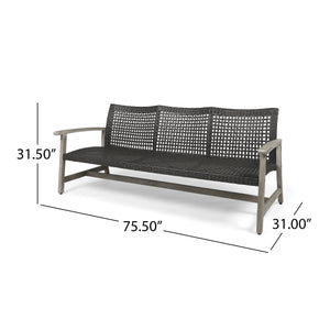 Outdoor Acacia Wood Wicker 3-Seater Sofa, Patio Furniture Conversation Set for Backyard