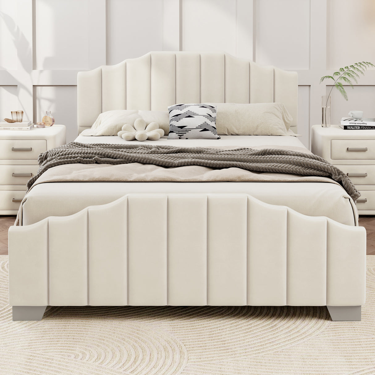 Full Size Velvet Upholstered Platform Bed Vertical Channel Tufted Headboard and Footboard, No Box Spring Needed, Beige