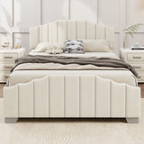 Full Size Velvet Upholstered Platform Bed Vertical Channel Tufted Headboard and Footboard, No Box Spring Needed, Beige