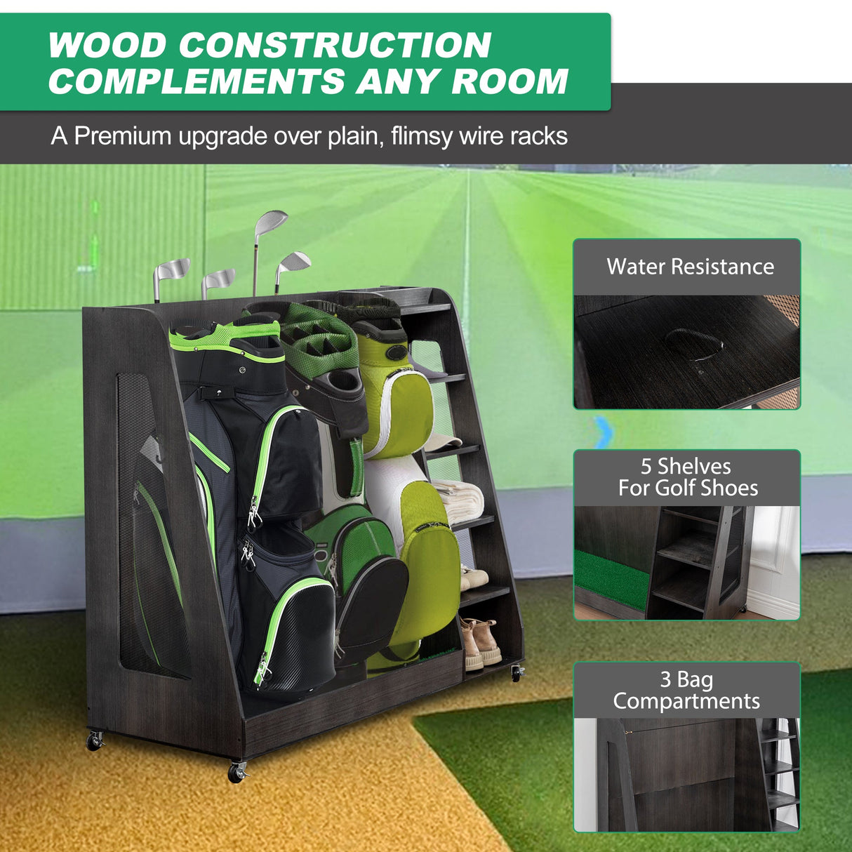 Gray Wooden Golf Bag Storage Rack with 3 Drawers