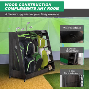 Gray Wooden Golf Bag Storage Rack with 3 Drawers