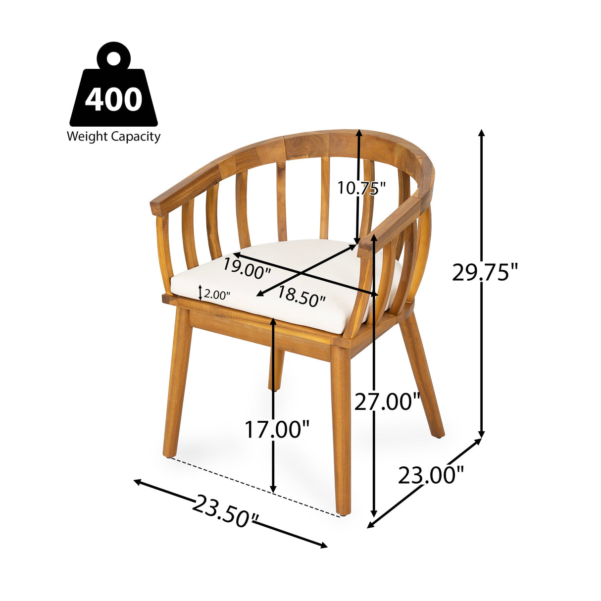 Klismos Dining Armchair Set of 2 with Solid Wood Construction and Curved Backrest in Teak and Beige