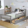 Bed With Headboard Storage Rack, 2 Under Bed Drawers, 3 Side Guardrails For Safety