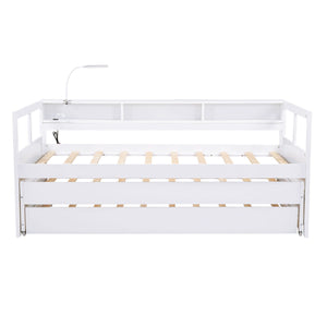 Daybed With 2 Trundles, 3 Storage Cubbies, Built In USB Charging Light