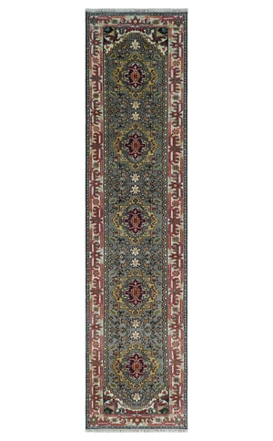 12 feet runner Mustard, Charcoal and Ivory Hand knotted Traditional wool Area Rug