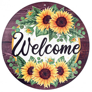 12" Metal Sign: Sunflower Welcome Wood