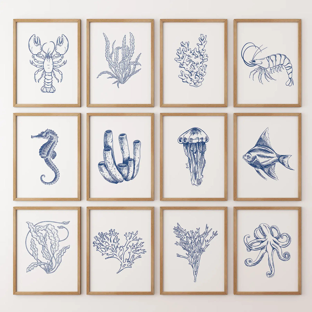 Nautical Modern Marine Life Wall Art. Navy Blue Set of 12