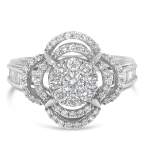 14K White Gold 1.0 Cttw Round & Baguette Cut Diamond Floral Cluster Quatrefoil Channel Set Band Cocktail Statement Ring (H-I Color, SI2-I1 Clarity) - Size 6-3/4