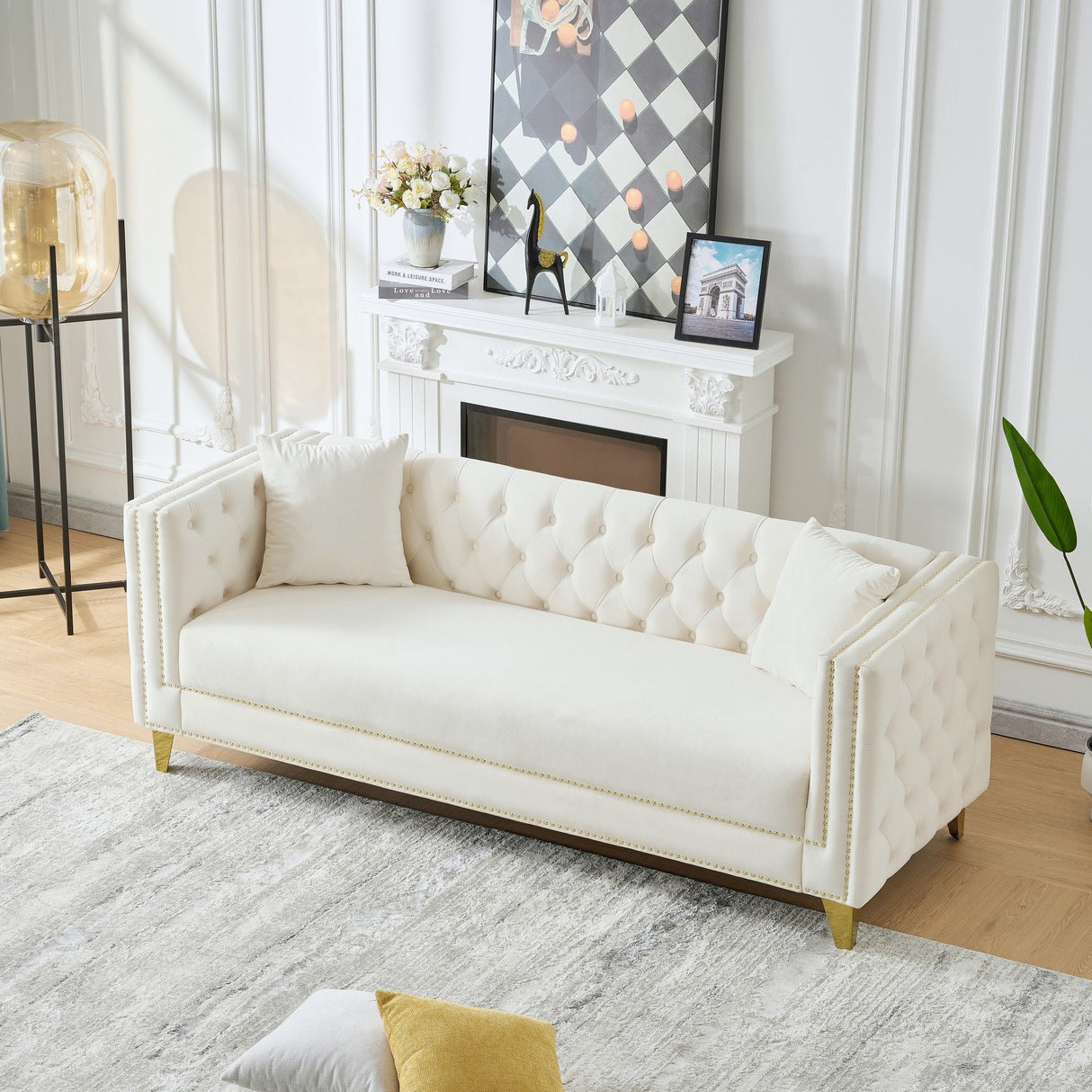 3 Seater Deep Seat Sofa, Sofa With Button Nailhead, Square Arm