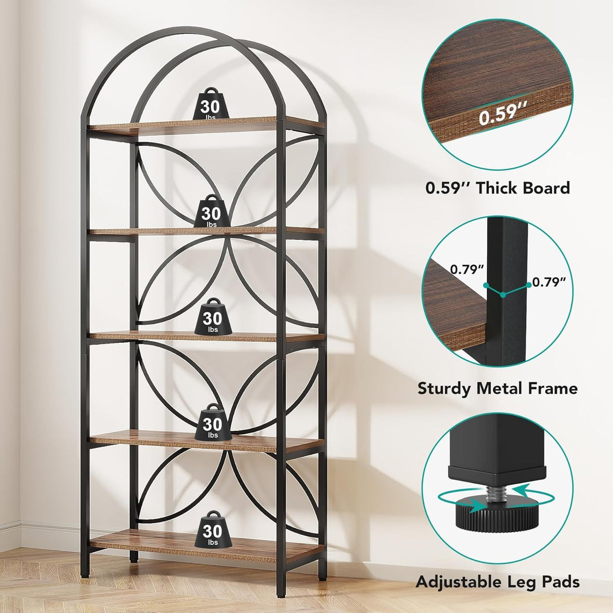 Tall 5 Tier Arched Bookshelf With Shelves For Living Room - Rustic Brown