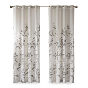 Burnout Printed Curtain Panel with Semi-Sheer Botanical Design - Grey
