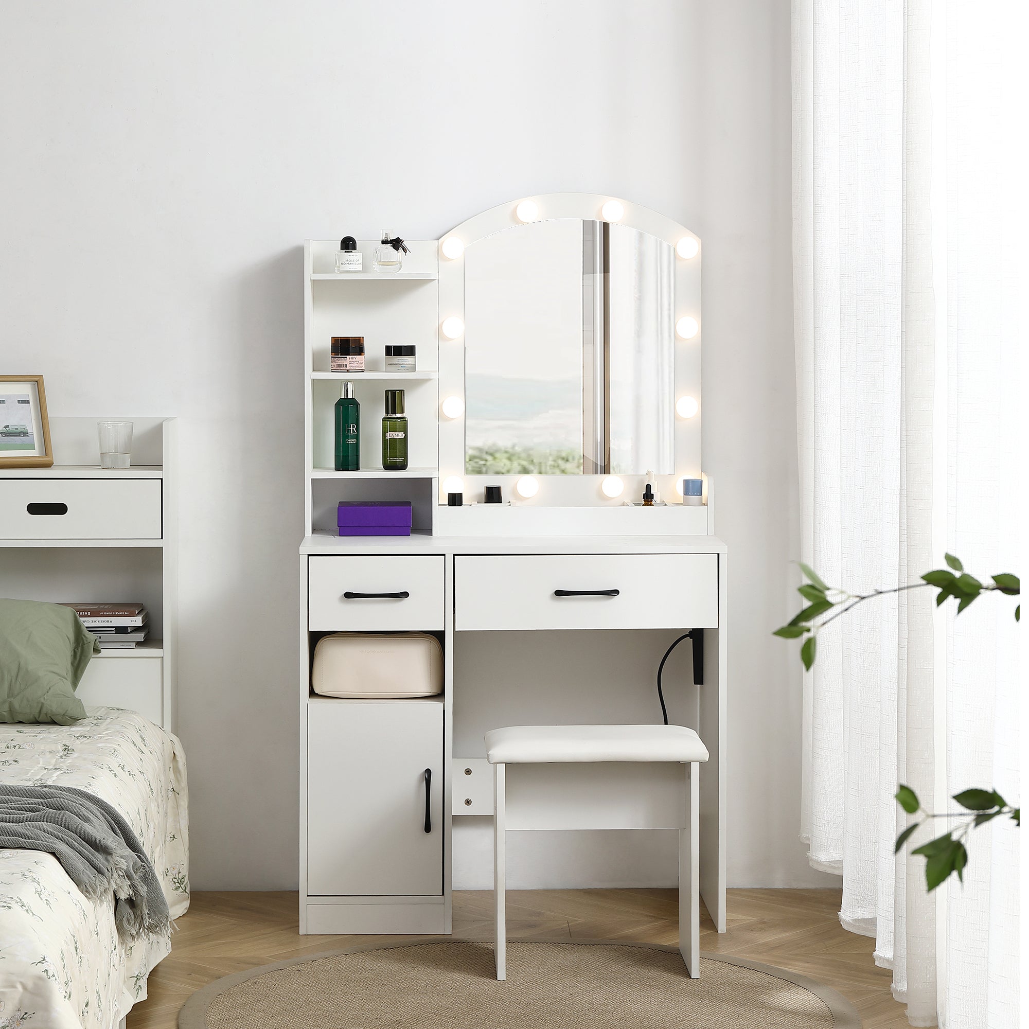 Vanity-desk-set-including-table-with-large-lighted-mirror,3-color-lighting-modes-adjustable-brightness,-dressing-table-with-2-drawers,-storage-cabinet-and-upholstered-stool,-white-color-VANITY