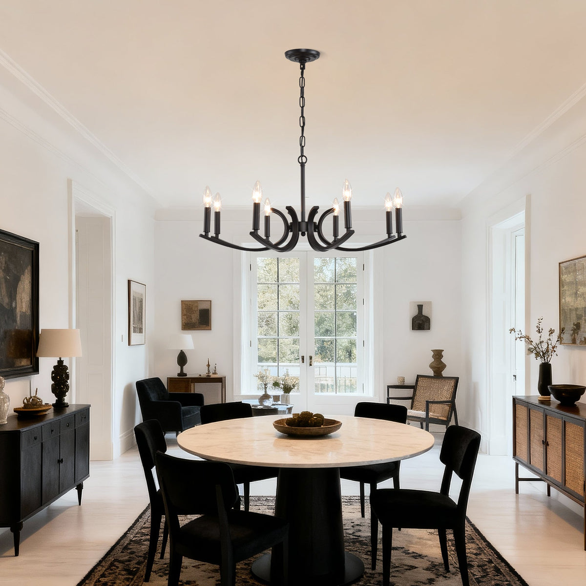 8-Light Farmhouse Chandelier, Black Metal