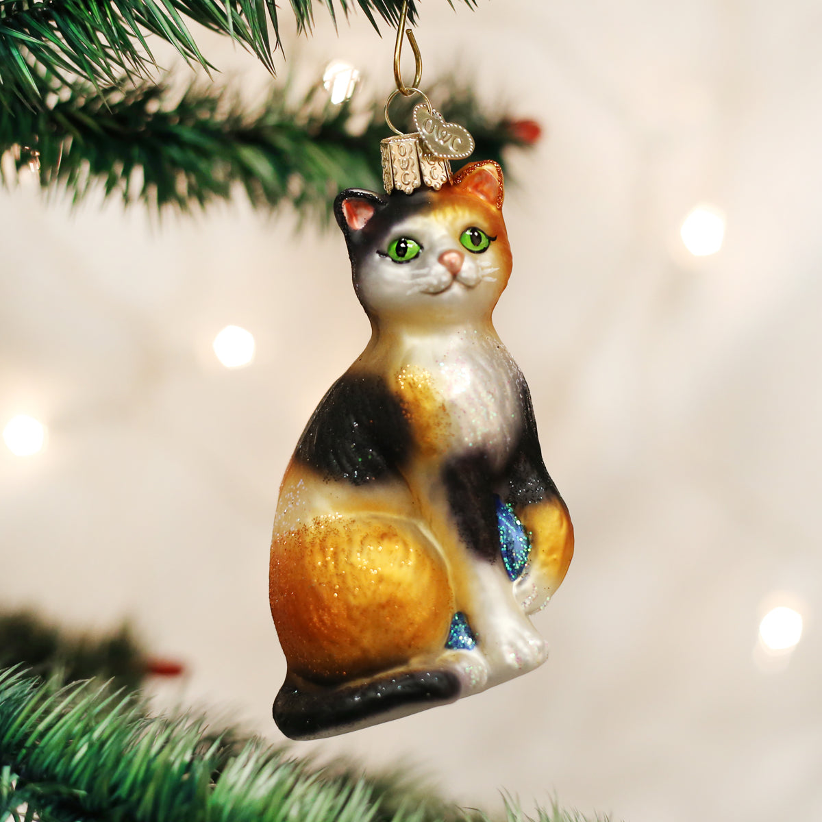 Calico Cat Glass Ornament 4 x 2.5 x 2 Inches