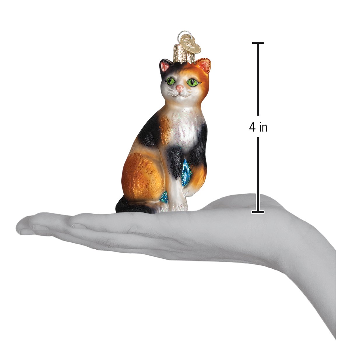 Calico Cat Glass Ornament 4 x 2.5 x 2 Inches