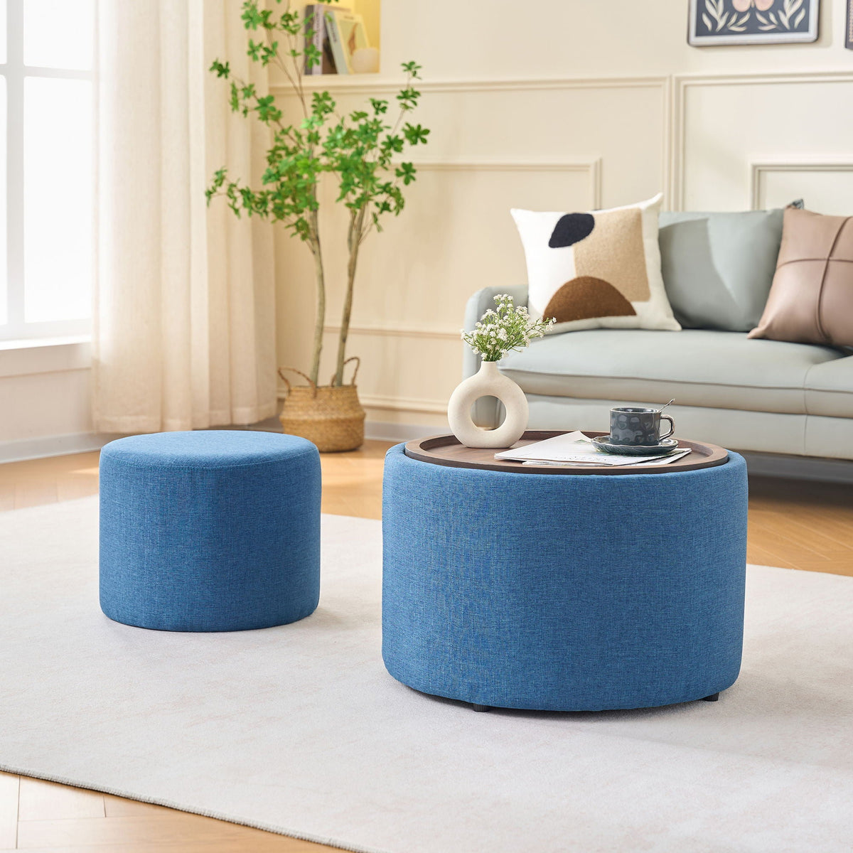 Nesting Ottomans, Round Coffee Table & Bench With Tray (Set of 2)