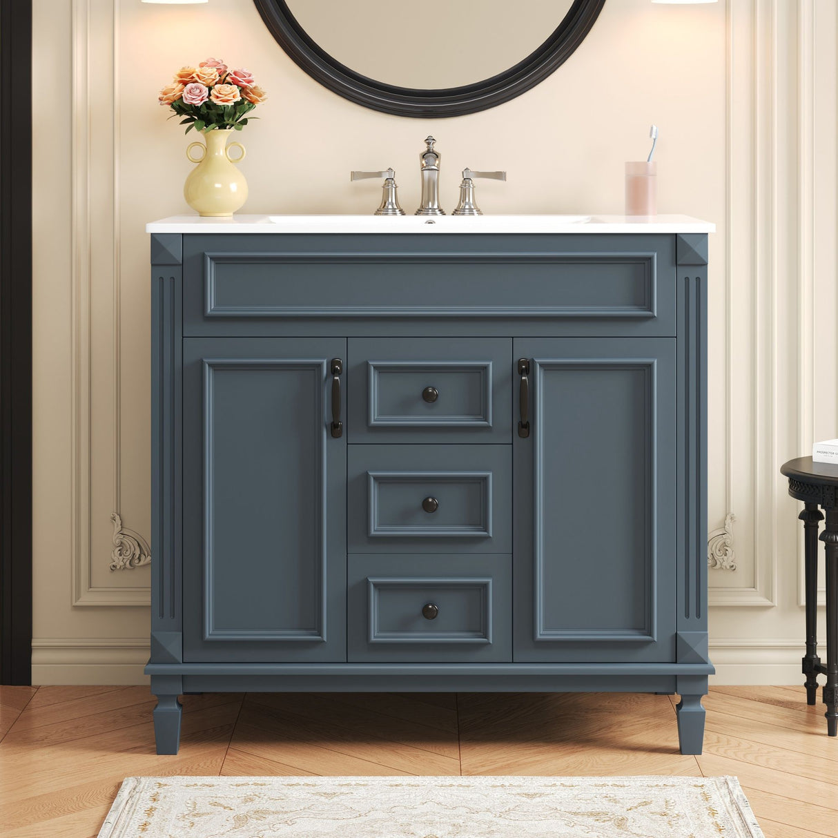 36" Blue Bathroom Vanity with Ceramic Sink and Storage