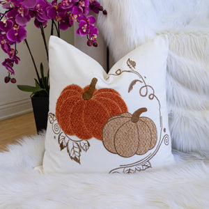 Pumpkin Embroidered Cotton Throw Pillow – Autumn Harvest Accent Cushion Set of 2