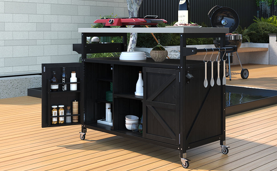 K&K Outdoor Kitchen Island with Rolling Bar Cart and Storage Cabinet