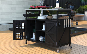 K&K Outdoor Kitchen Island with Rolling Bar Cart and Storage Cabinet