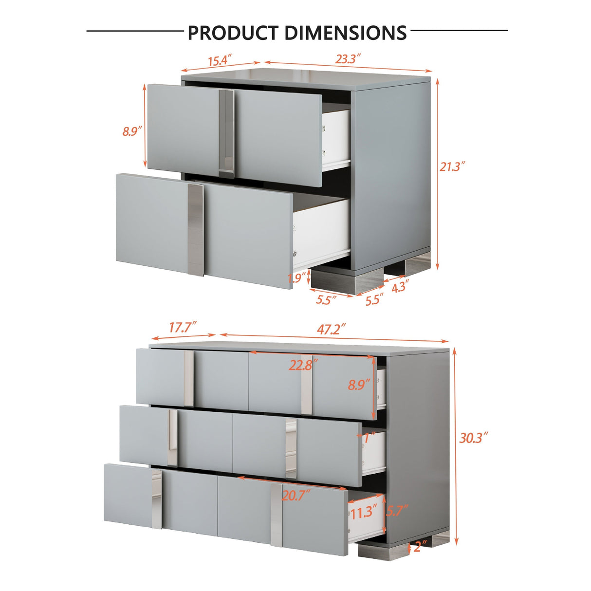 3-Pieces Sets, Elegant 6 Drawers Dresser and Two Nightstands