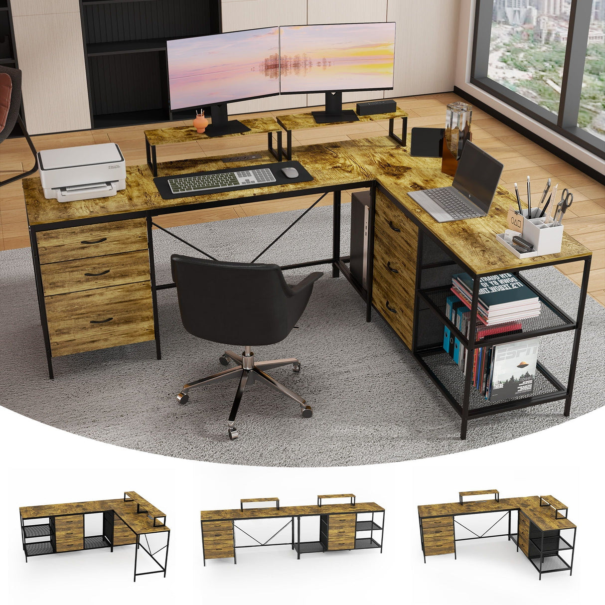 Industrial L-Shaped Computer Desk with Power Outlets & USB-C