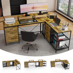 Industrial L-Shaped Computer Desk with Power Outlets & USB-C