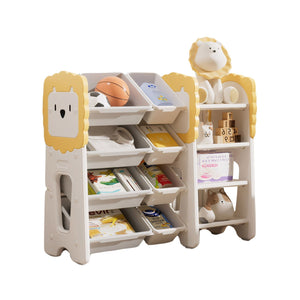 Kids Bookshelf and Toy Storage with 8 Removable Bins - Gray / White / Yellow