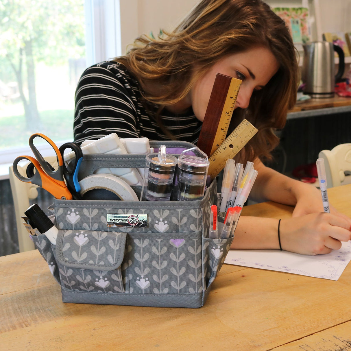 Everything Mary Collapsible Desktop Craft Caddy, Grey & Purple Floral – Polyester Craft & Art Supply Organizer with 12 Storage Compartments