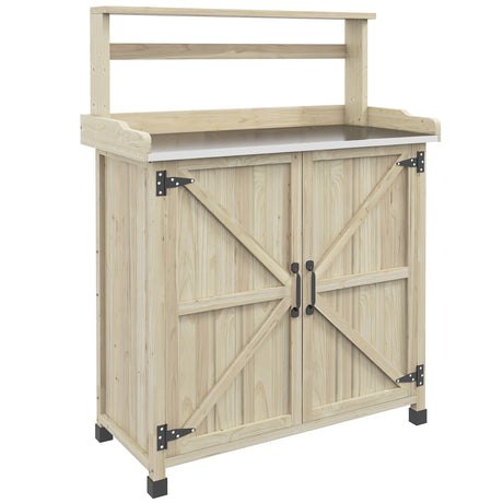 Outdoor Wooden Potting Table with Storage Cabinet with 2 Shelves,  with Galvanized Plated Tabletop, Natural