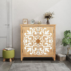Rustic Wooden Accent Cabinet with Floral Carved Doors