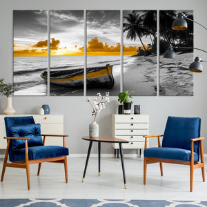 Yellow Rowboat Wall Art – Framed Tropical Shoreline Canvas