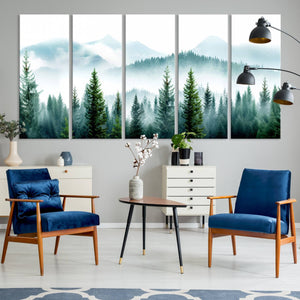 Pine Forest Wall Art Canvas Print – Misty Mountains Foggy