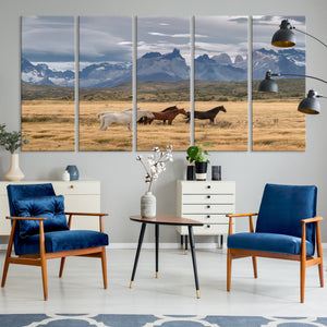 Grand Teton Park Wild Horses Wall Art Canvas Print – Framed